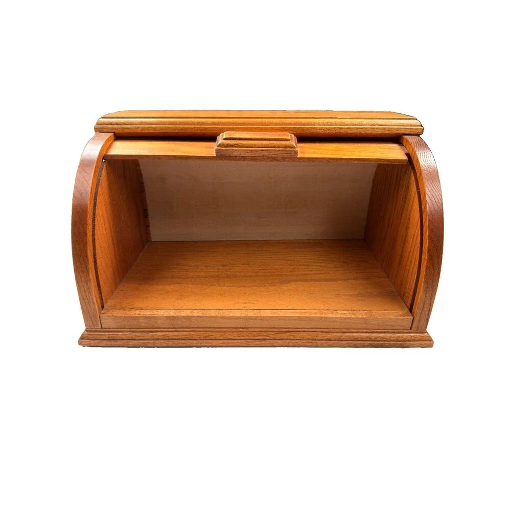 Vintage Solid Oak Roll Top Bread Box Tambour Door Farmhouse Kitchen Storage